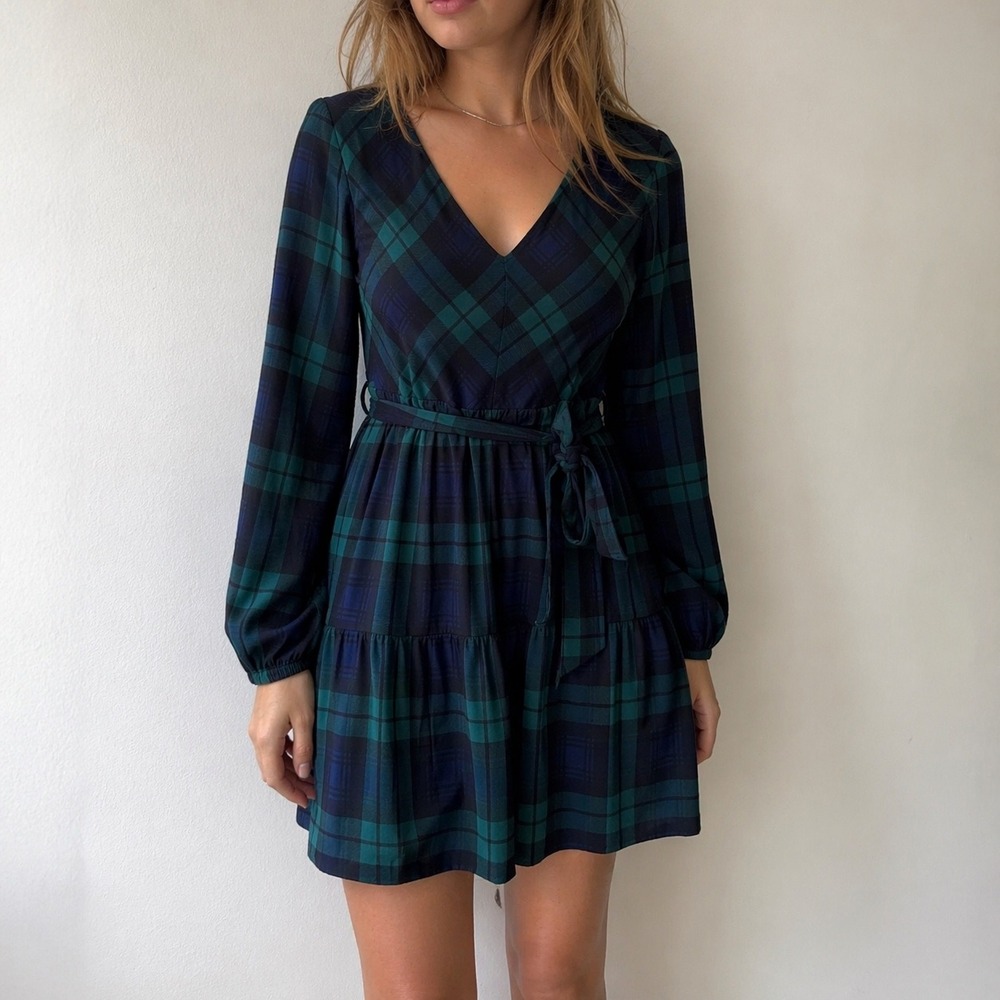J. Crew Green Blue Tartan Black Watch Plaid Tiered Mini Dress 8P Preppy Academia